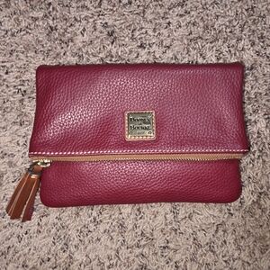 Dooney & Bourke Wine Red Pebbled Leather Fold-Over Clutch W/strap